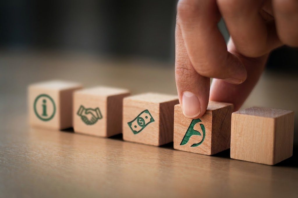 Cubos en fila con un ícono por fase (Análisis, Negociación, Formalización) y el logo de Finactivos en el que la mano coloca